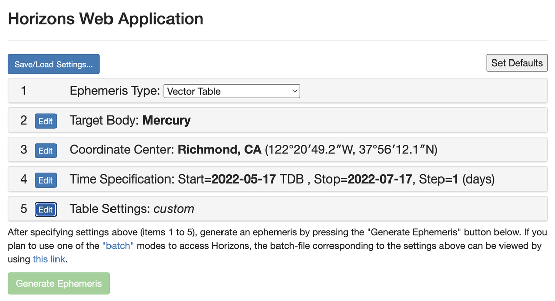 Image of the Horizons Web Application with the settings I used last to generate coordinates for Mercury relative to Richmond, California daily from May 17, 2022 to July 17, 2022.
